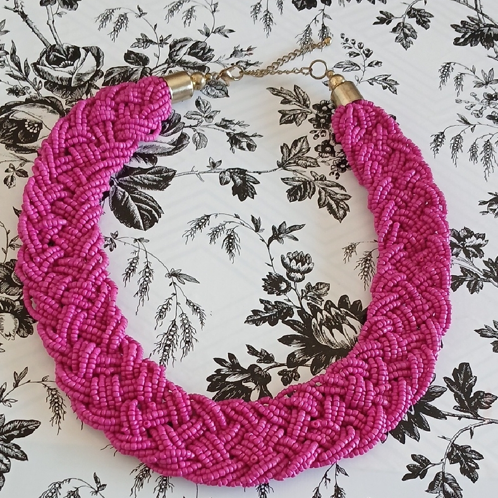 80s Pink Boho Girly Feminine Retro Seed Bead Woven Choker Style Necklace - Picture 2 of 10